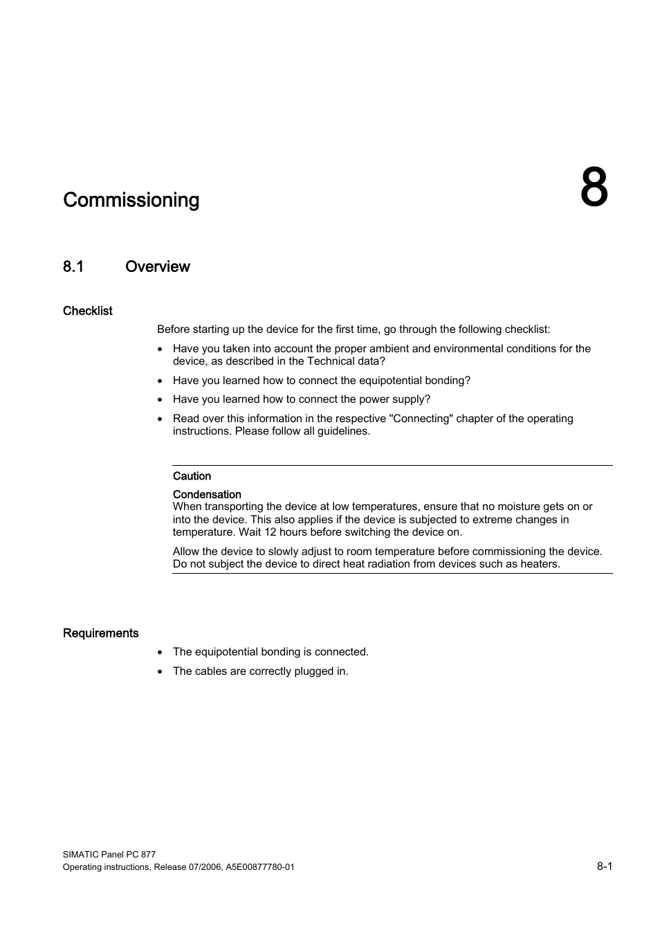 8 commissioning, 1 overview, Commissioning | Siemens SIMATIC PANEL PC 877 User Manual | Page 55 / 288