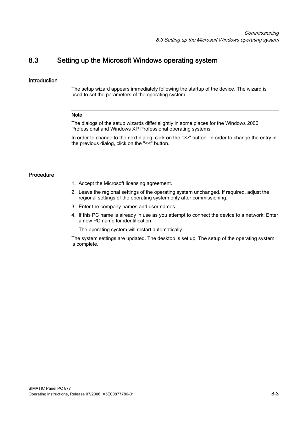 Setting up the microsoft windows operating system | Siemens SIMATIC PANEL PC 877 User Manual | Page 57 / 288