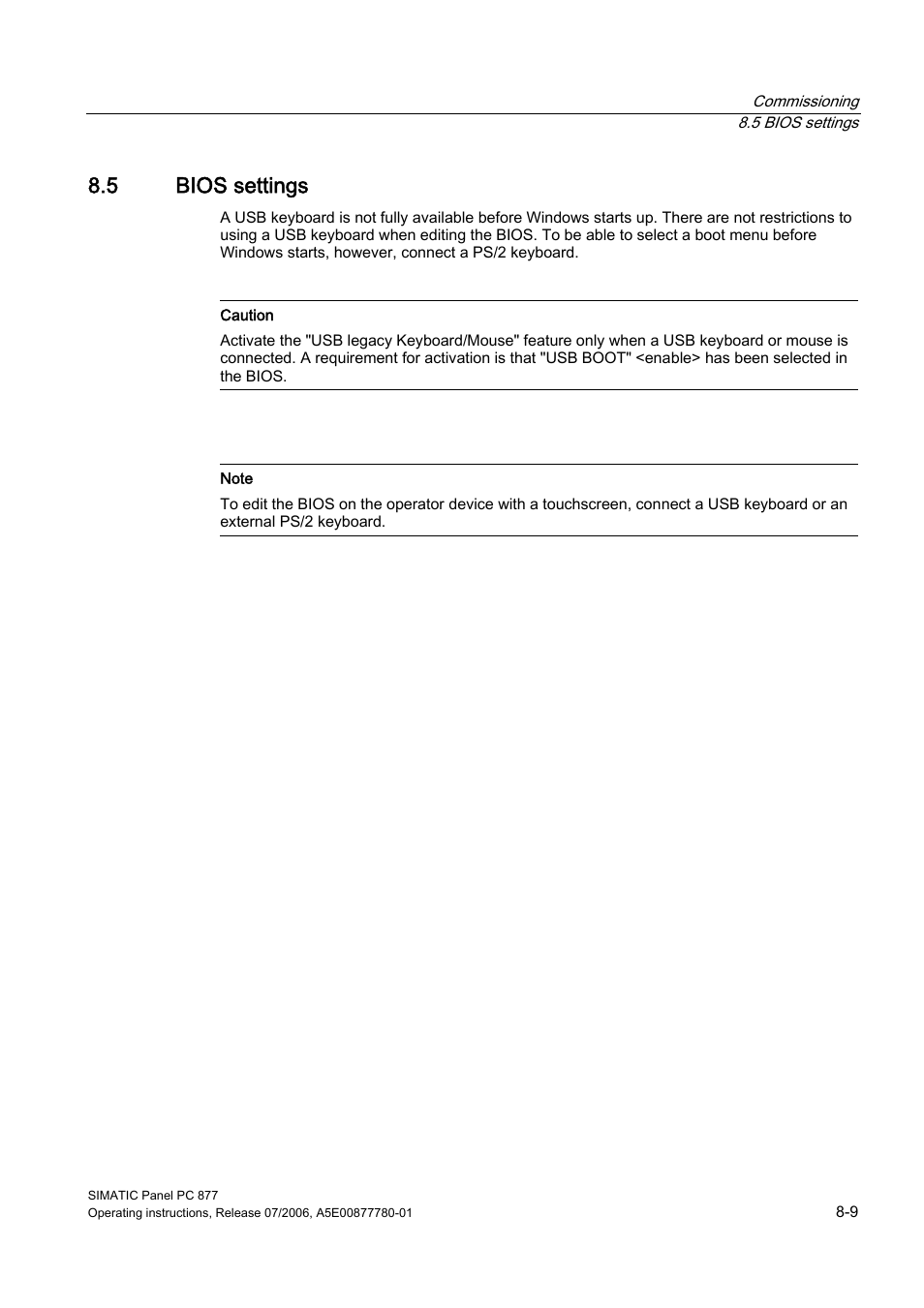 5 bios settings, Bios settings | Siemens SIMATIC PANEL PC 877 User Manual | Page 63 / 288