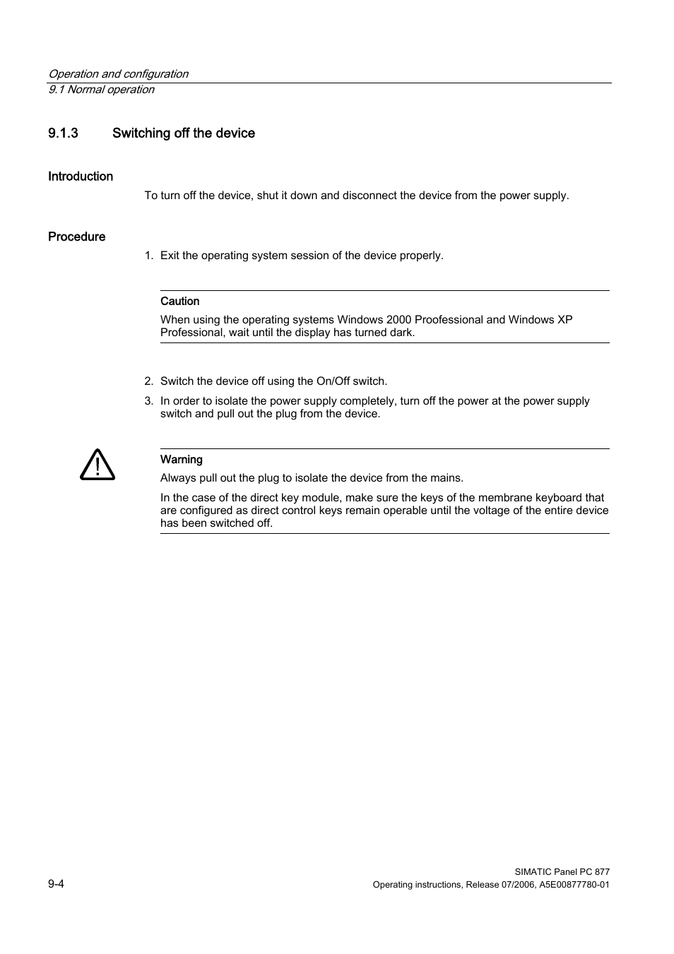 3 switching off the device | Siemens SIMATIC PANEL PC 877 User Manual | Page 72 / 288