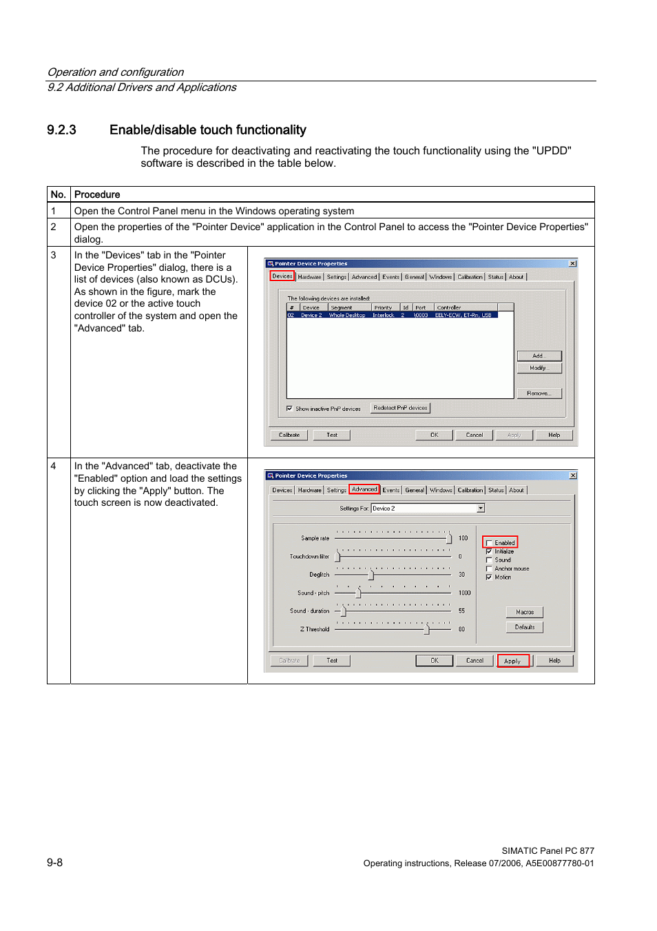 3 enable/disable touch functionality | Siemens SIMATIC PANEL PC 877 User Manual | Page 76 / 288