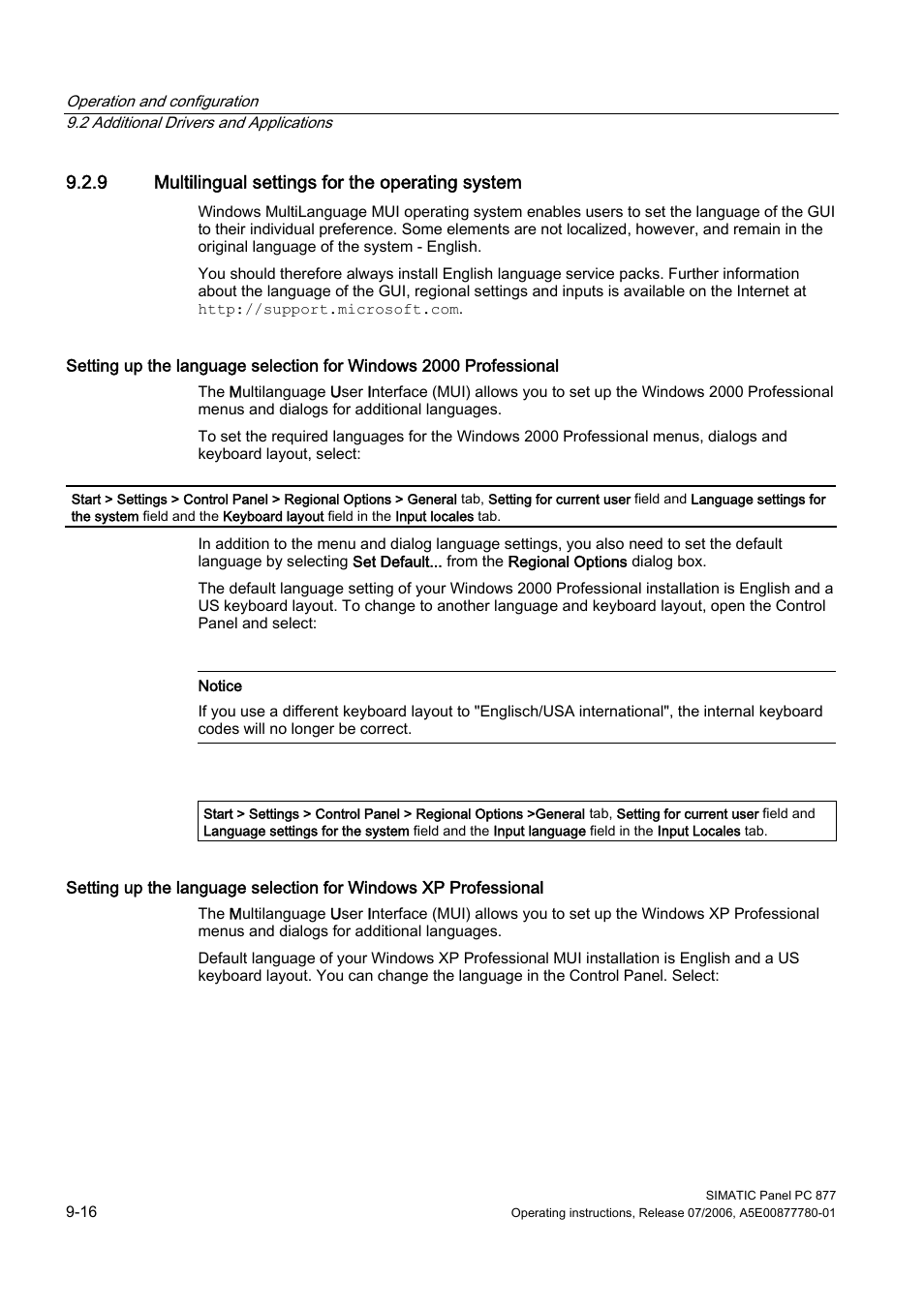 9 multilingual settings for the operating system | Siemens SIMATIC PANEL PC 877 User Manual | Page 84 / 288