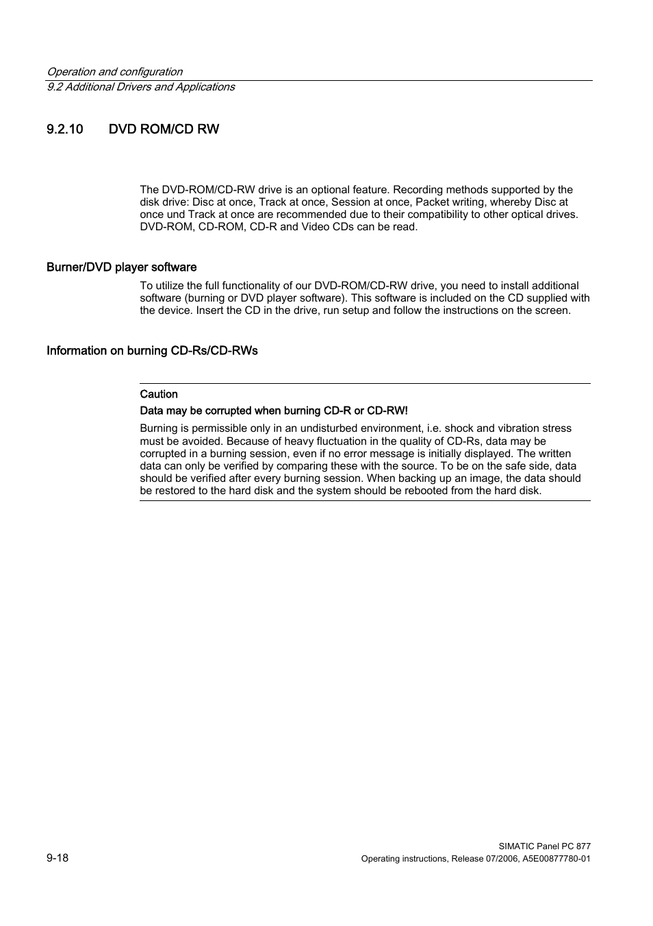 10 dvd rom/cd rw | Siemens SIMATIC PANEL PC 877 User Manual | Page 86 / 288