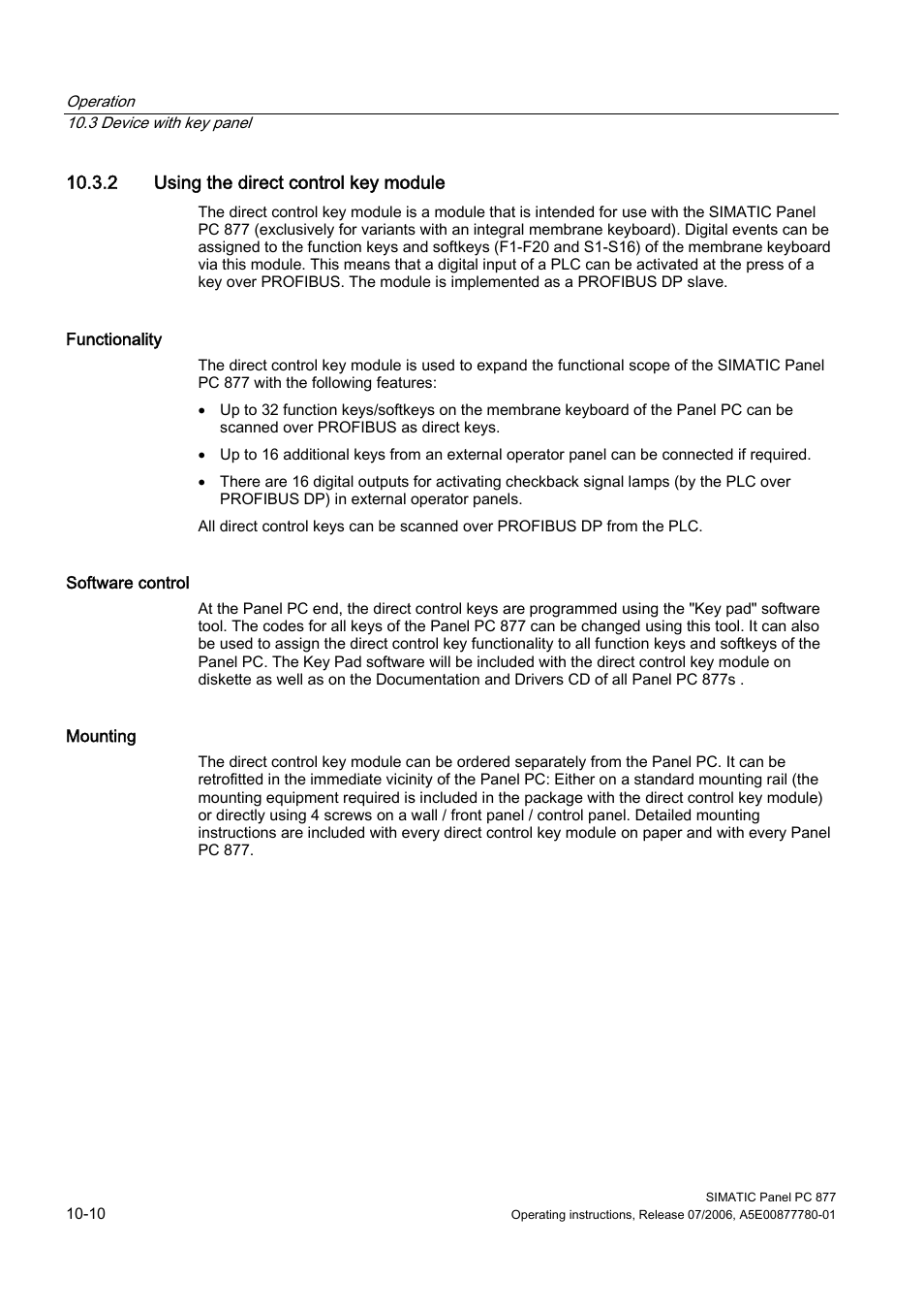 2 using the direct control key module | Siemens SIMATIC PANEL PC 877 User Manual | Page 98 / 288