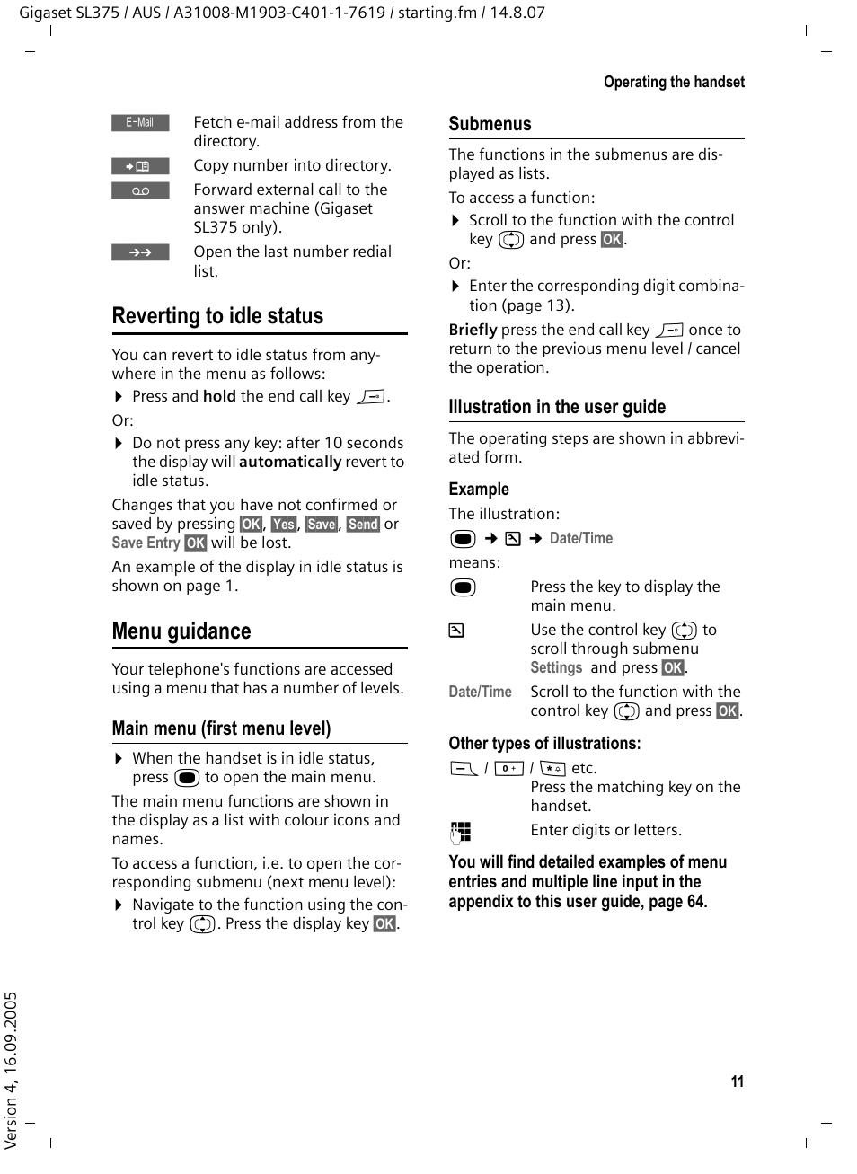 Reverting to idle status, Menu guidance, Main menu (first menu level) | Submenus, Illustration in the user guide, Reverting to idle status menu guidance | Siemens SL370 User Manual | Page 12 / 76