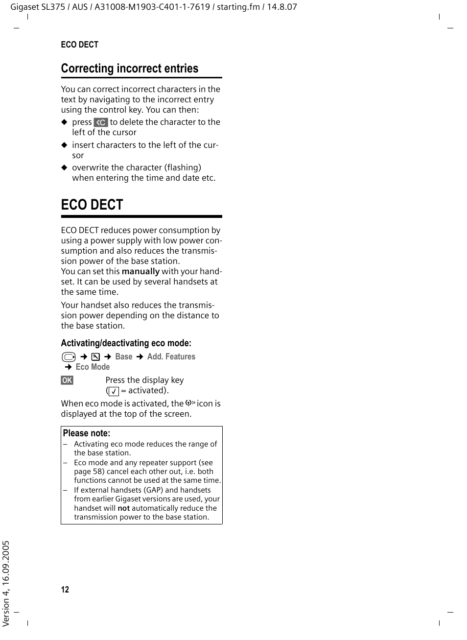 Correcting incorrect entries, Eco dect | Siemens SL370 User Manual | Page 13 / 76
