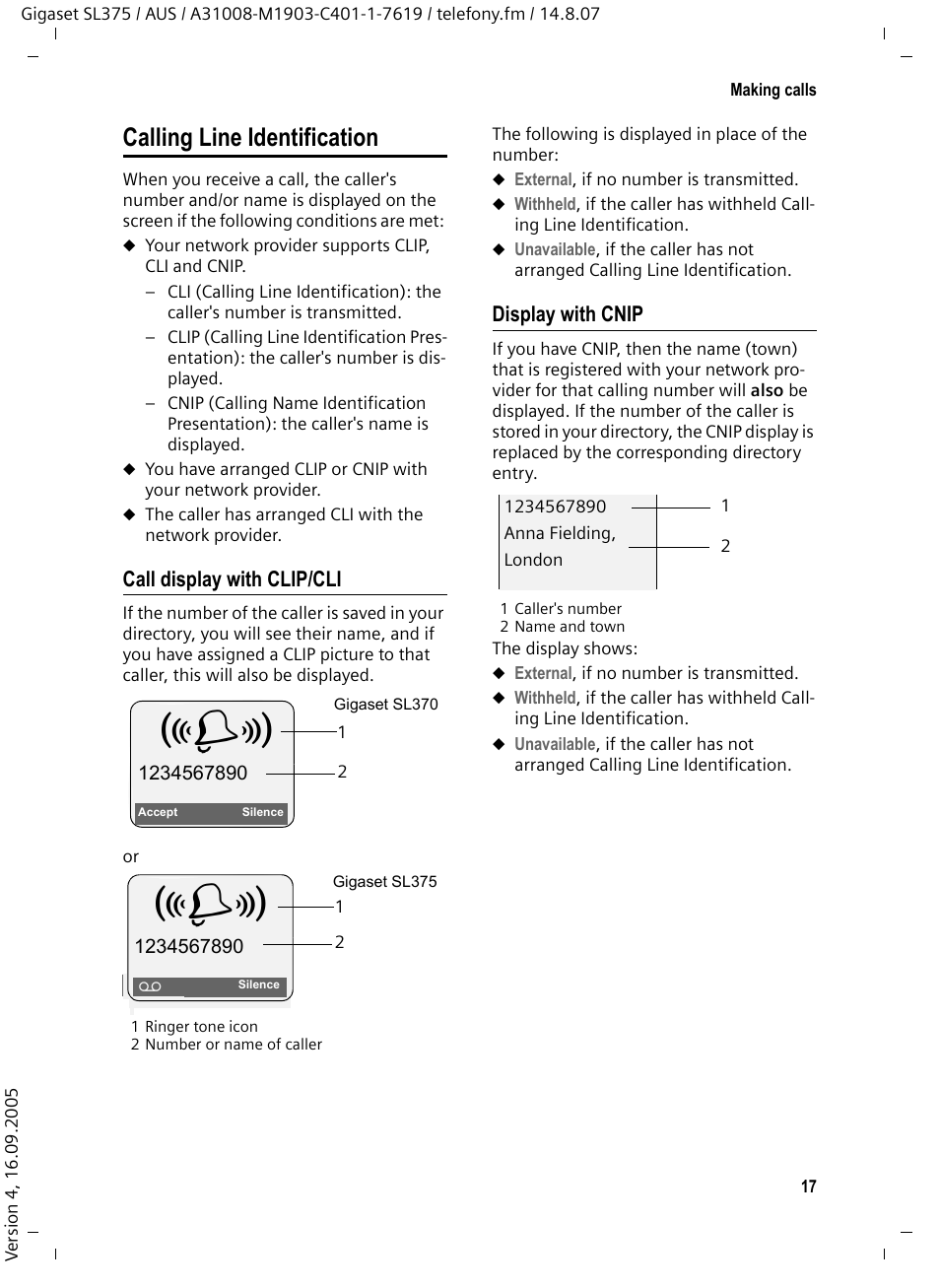 Calling line identification, Call display with clip/cli, Display with cnip | Siemens SL370 User Manual | Page 18 / 76
