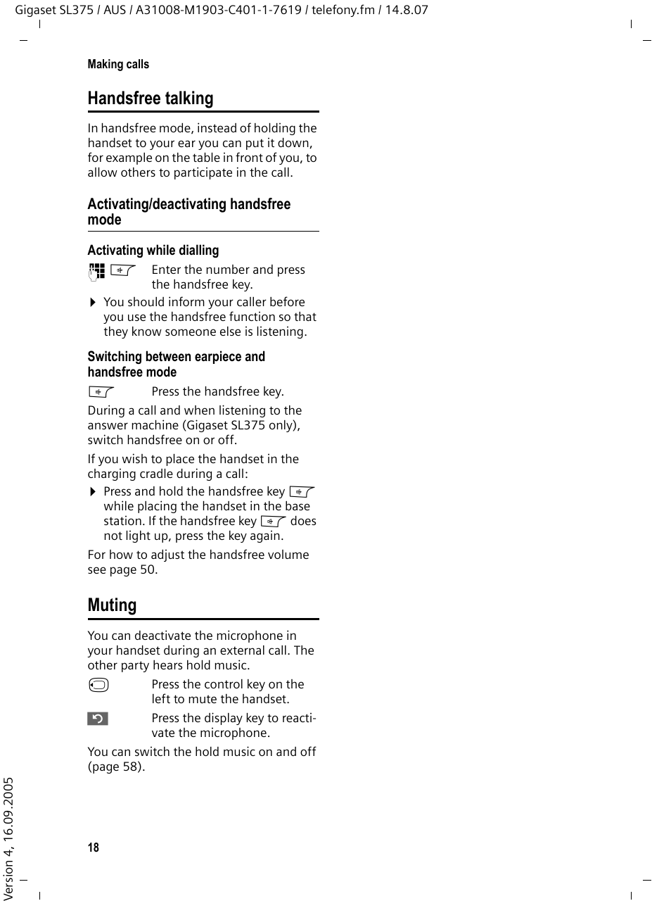 Handsfree talking, Activating/deactivating handsfree mode, Muting | Handsfree talking muting | Siemens SL370 User Manual | Page 19 / 76