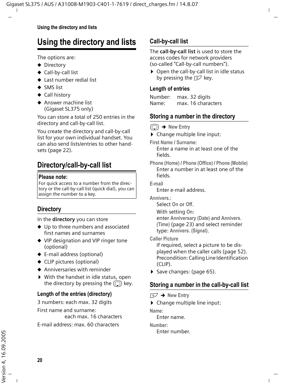 Using the directory and lists, Directory/call-by-call list, Directory | Call-by-call list, Storing a number in the directory, Storing a number in the call-by-call list | Siemens SL370 User Manual | Page 21 / 76
