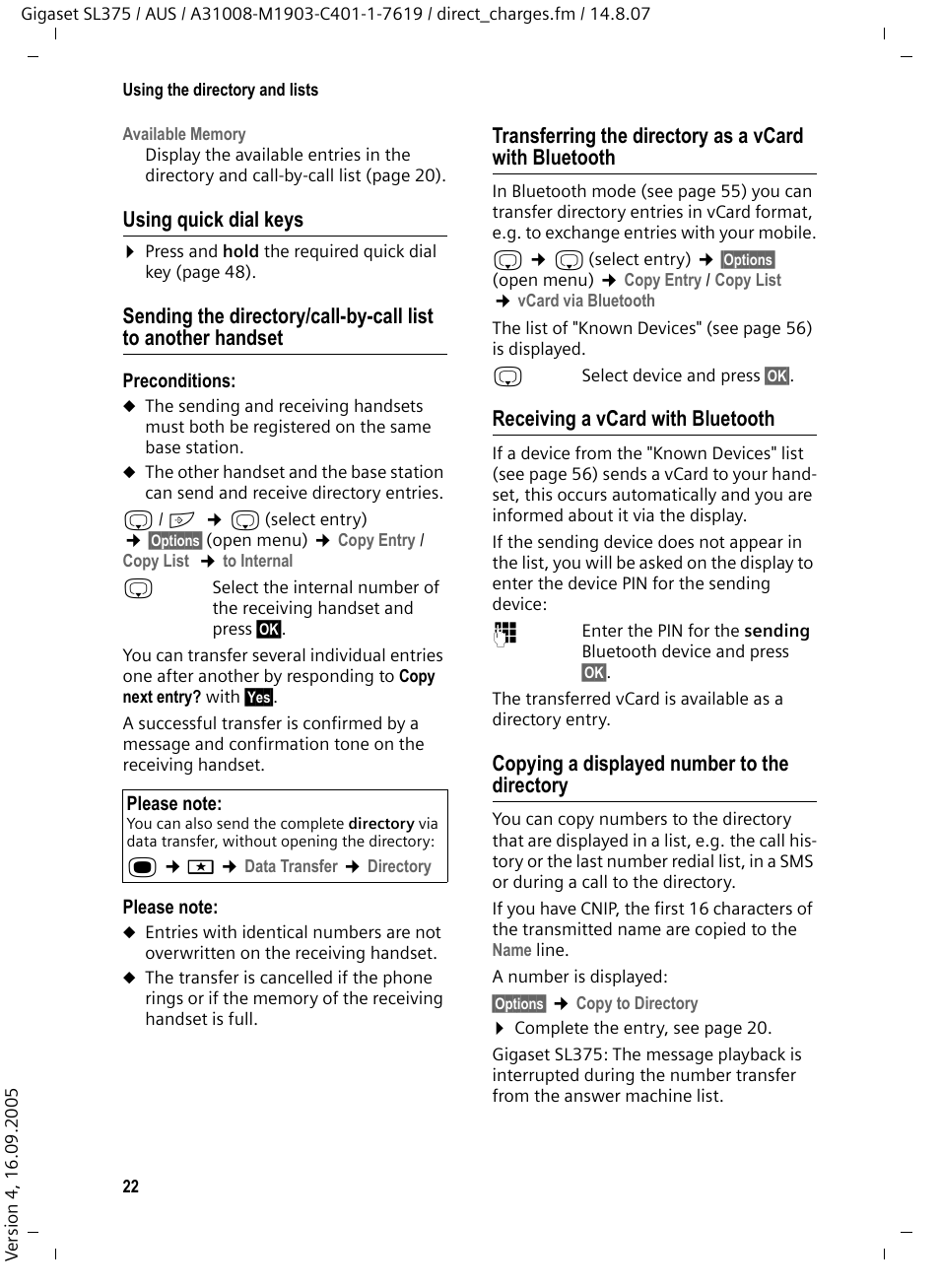 Using quick dial keys, Receiving a vcard with bluetooth, Copying a displayed number to the directory | Siemens SL370 User Manual | Page 23 / 76