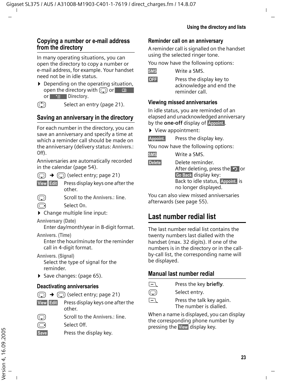 Saving an anniversary in the directory, Last number redial list, Manual last number redial | Siemens SL370 User Manual | Page 24 / 76