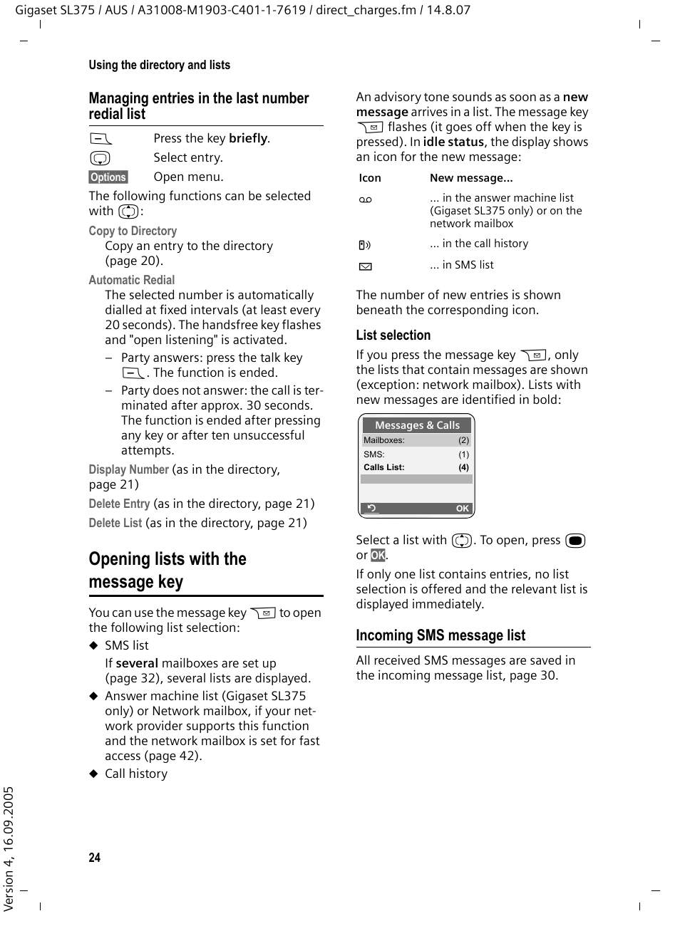 Managing entries in the last number redial list, Opening lists with the message key, Incoming sms message list | Opening lists with the message key . 24 | Siemens SL370 User Manual | Page 25 / 76
