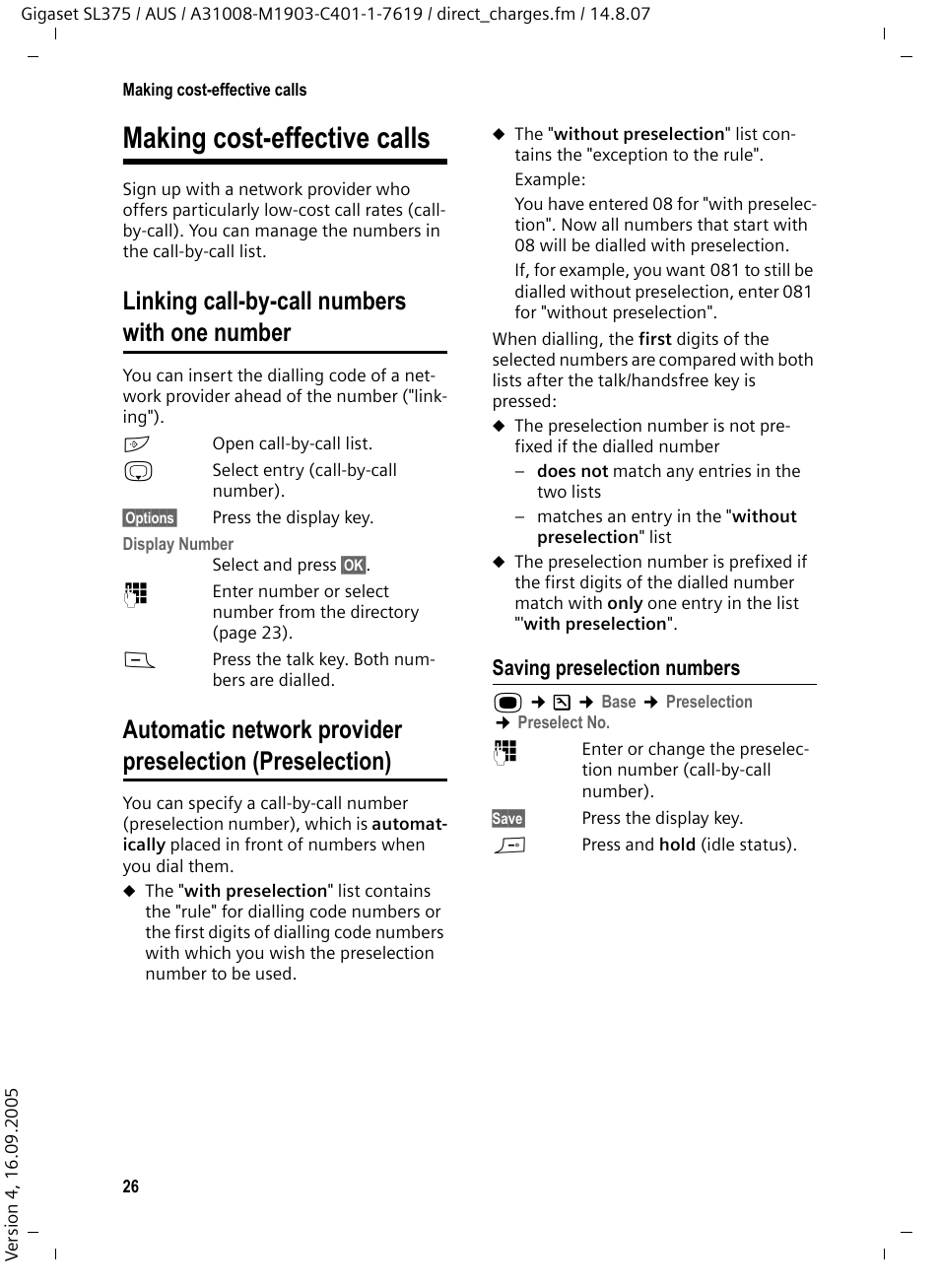 Making cost-effective calls, Linking call-by-call numbers with one number, Saving preselection numbers | Siemens SL370 User Manual | Page 27 / 76