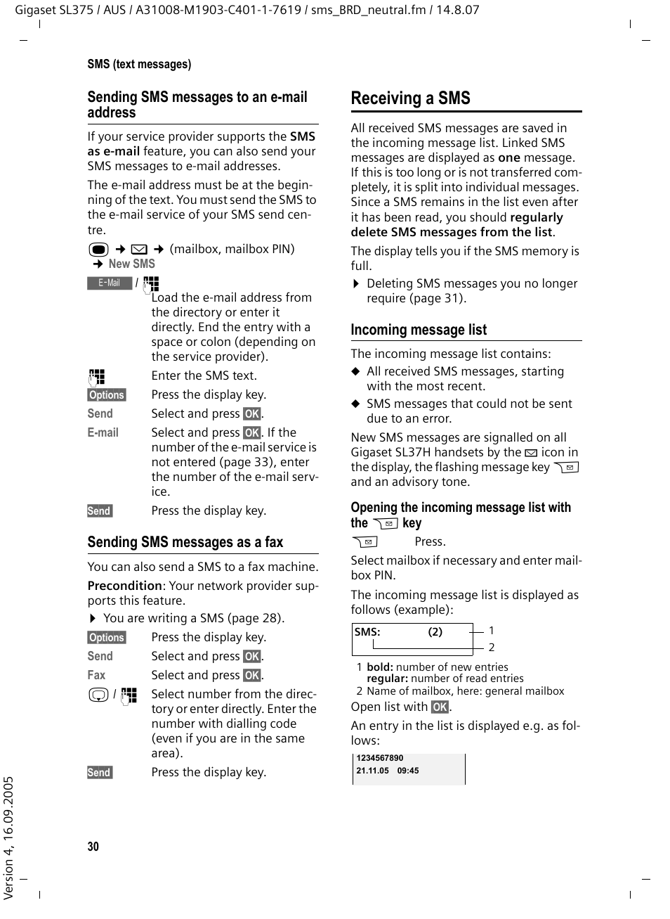 Sending sms messages to an e-mail address, Sending sms messages as a fax, Receiving a sms | Incoming message list | Siemens SL370 User Manual | Page 31 / 76