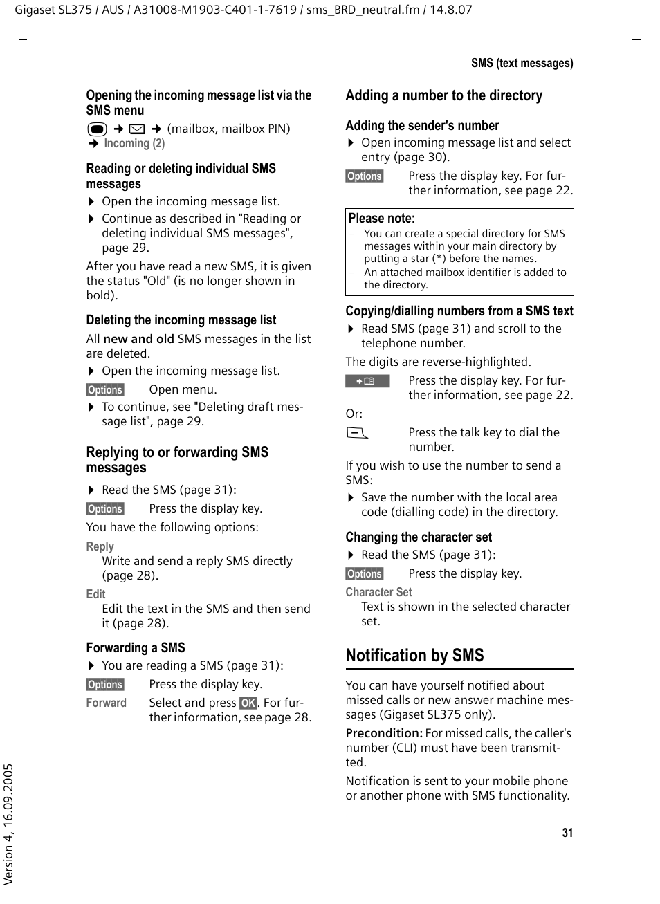 Replying to or forwarding sms messages, Adding a number to the directory, Notification by sms | Siemens SL370 User Manual | Page 32 / 76