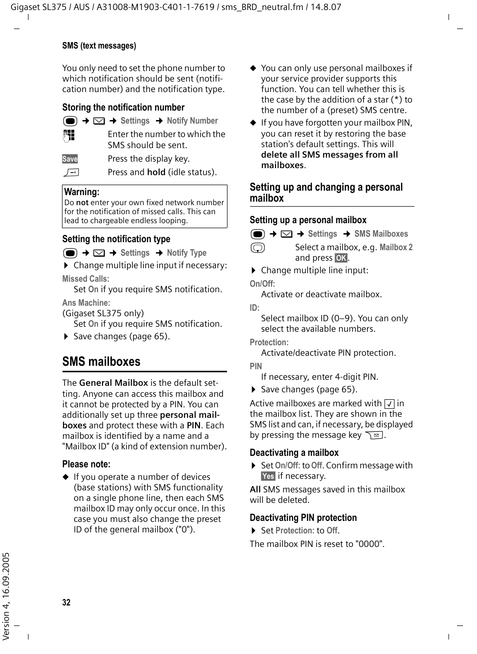 Sms mailboxes, Setting up and changing a personal mailbox | Siemens SL370 User Manual | Page 33 / 76