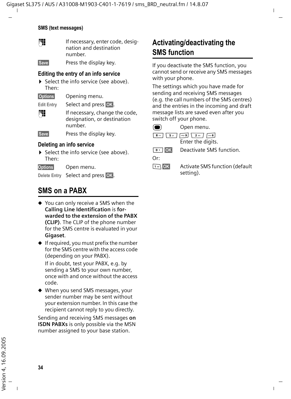 Sms on a pabx, Activating/deactivating the sms function | Siemens SL370 User Manual | Page 35 / 76