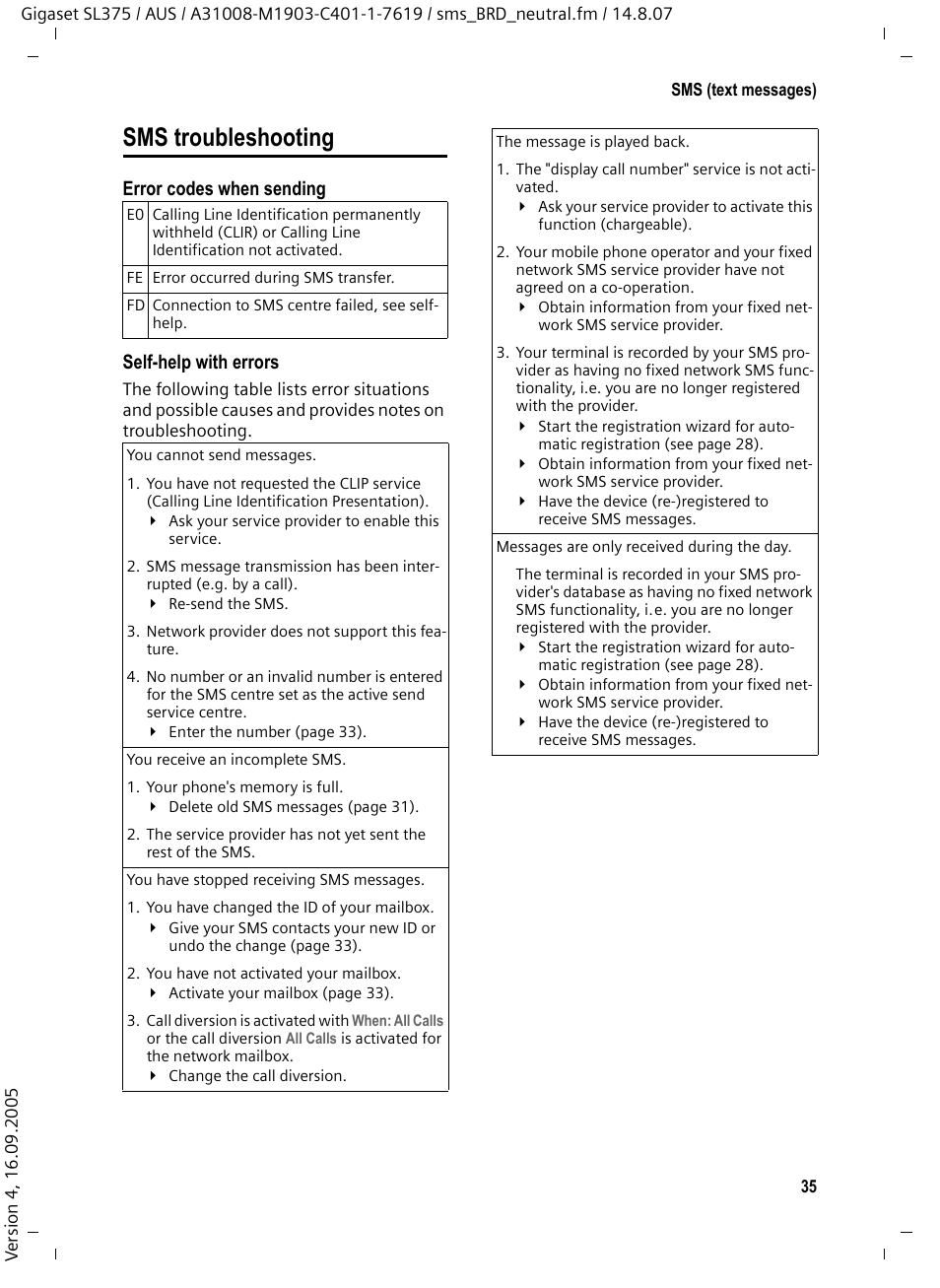 Sms troubleshooting | Siemens SL370 User Manual | Page 36 / 76