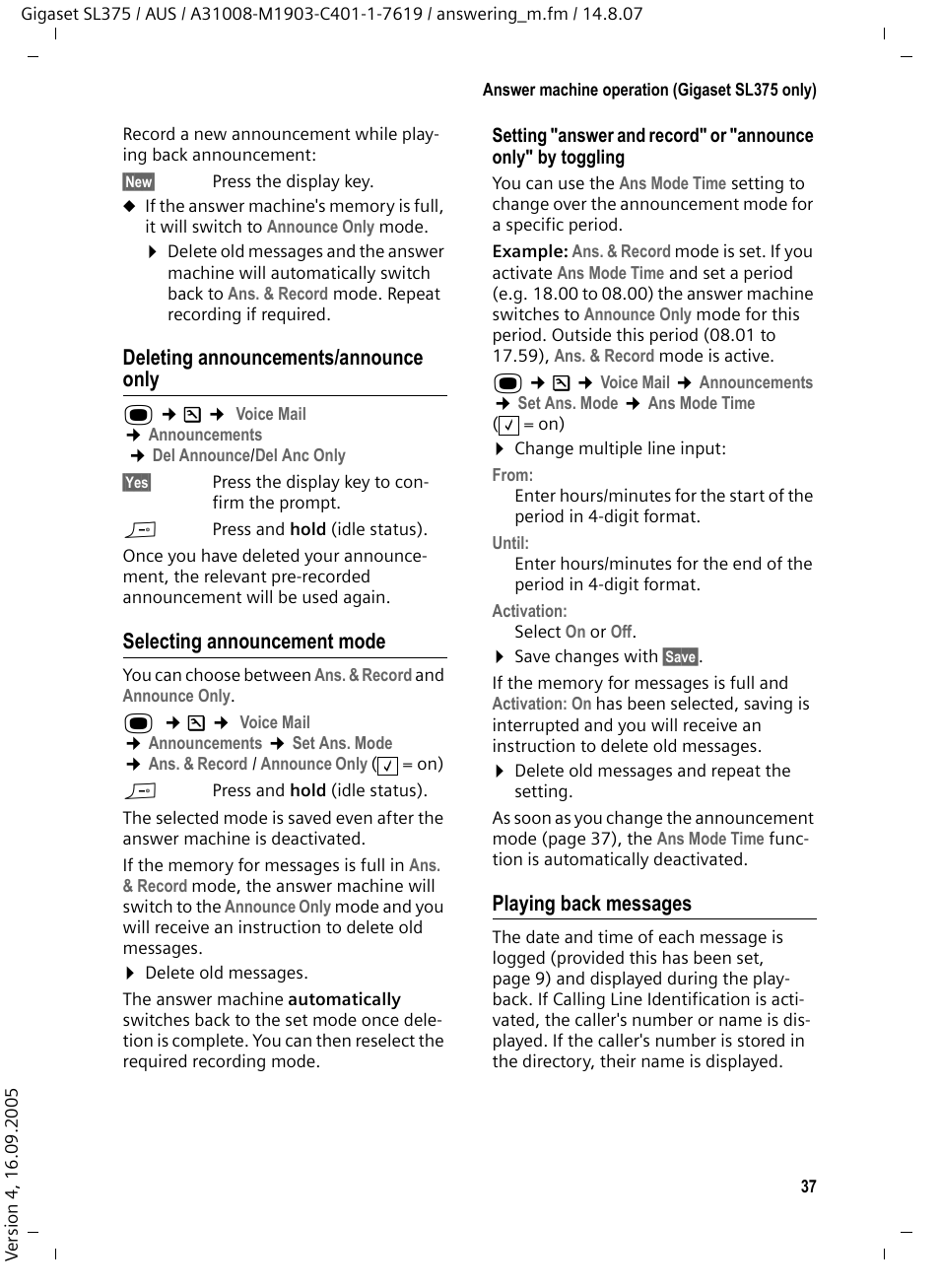 Deleting announcements/announce only, Selecting announcement mode, Playing back messages | Siemens SL370 User Manual | Page 38 / 76