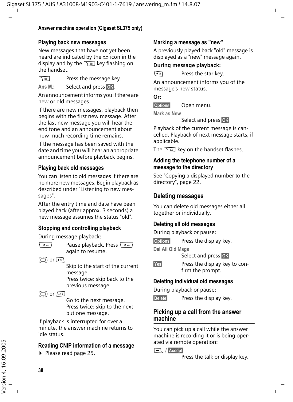 Deleting messages, Picking up a call from the answer machine | Siemens SL370 User Manual | Page 39 / 76