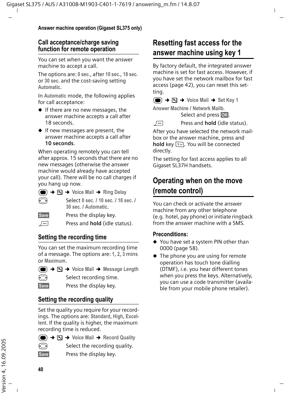 Setting the recording time, Setting the recording quality, Operating when on the move (remote control) | Siemens SL370 User Manual | Page 41 / 76