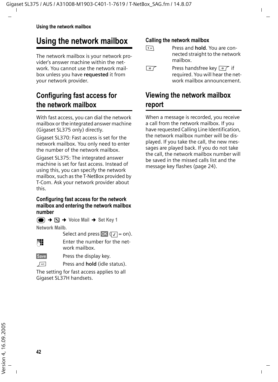 Using the network mailbox, Configuring fast access for the network mailbox, Viewing the network mailbox report | Siemens SL370 User Manual | Page 43 / 76