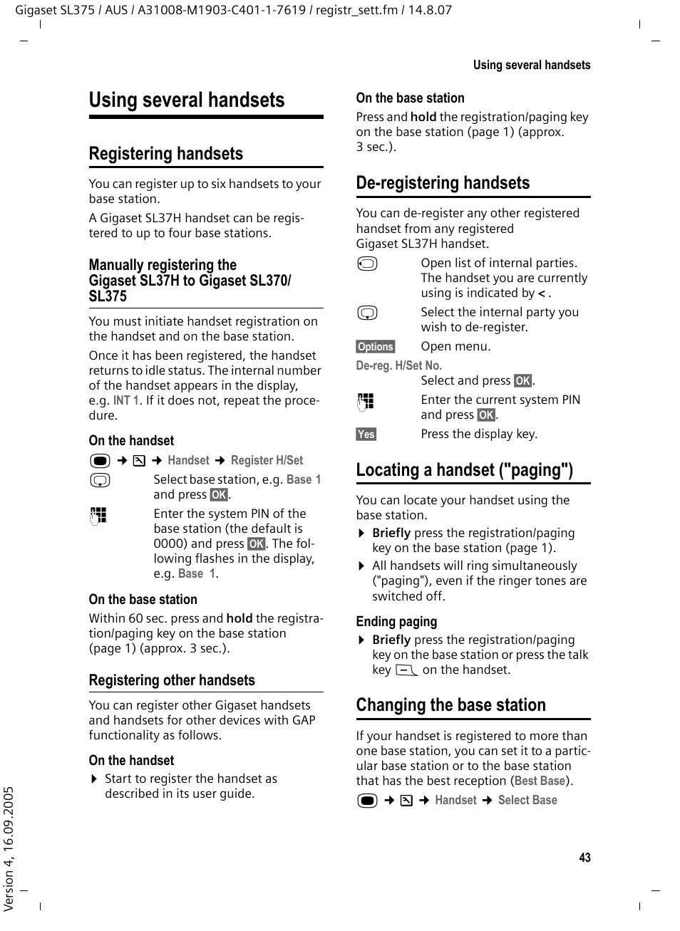 Using several handsets, Registering handsets, Registering other handsets | De-registering handsets, Locating a handset ("paging"), Changing the base station, Ation, see | Siemens SL370 User Manual | Page 44 / 76