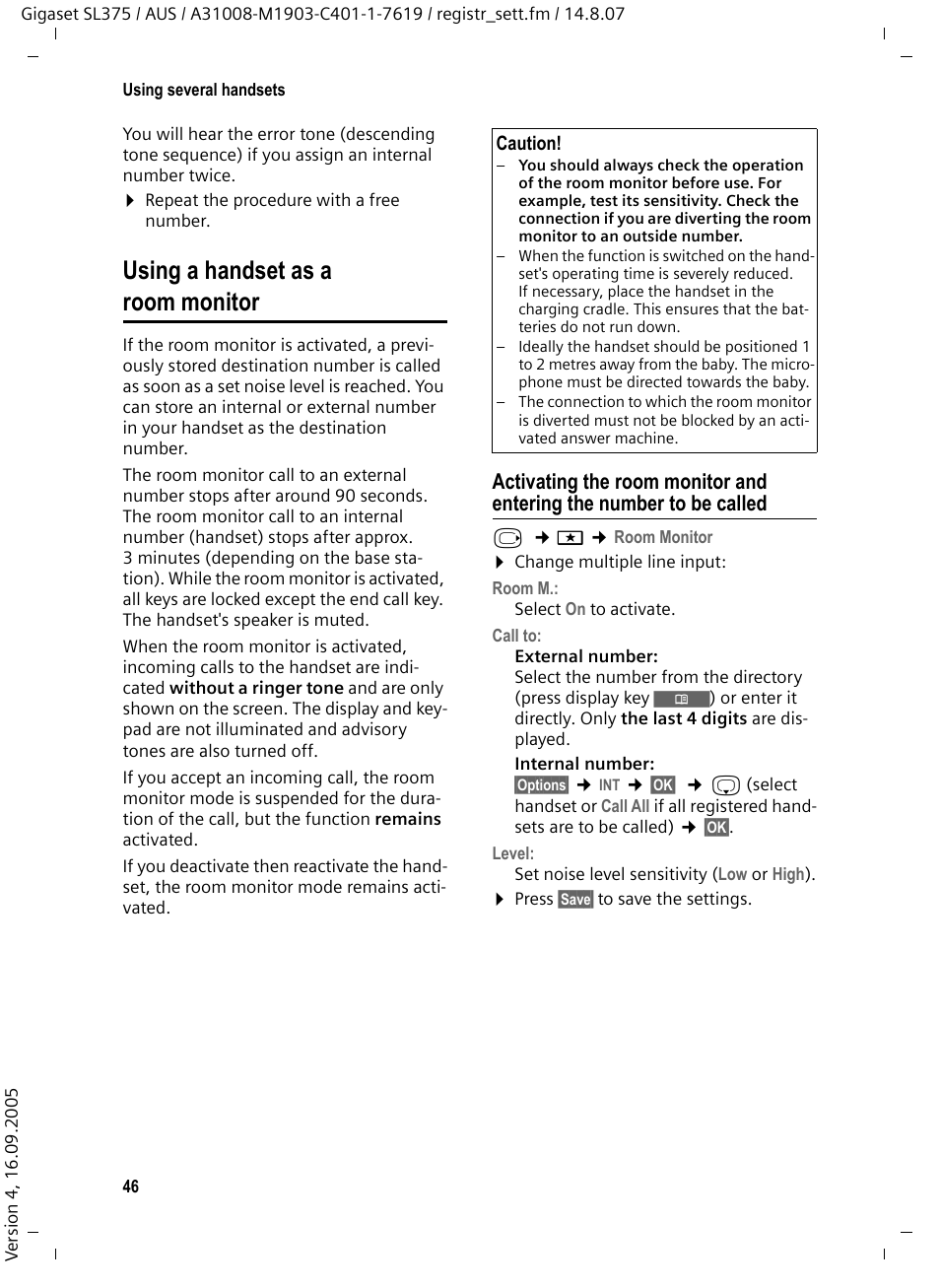 Using a handset as a room monitor | Siemens SL370 User Manual | Page 47 / 76