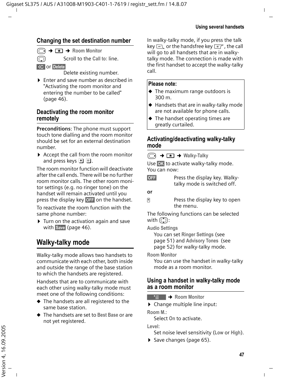 Changing the set destination number, Deactivating the room monitor remotely, Walky-talky mode | Activating/deactivating walky-talky mode | Siemens SL370 User Manual | Page 48 / 76