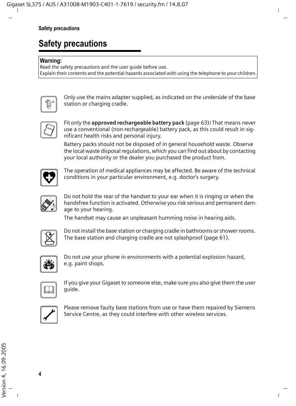 Safety precautions | Siemens SL370 User Manual | Page 5 / 76