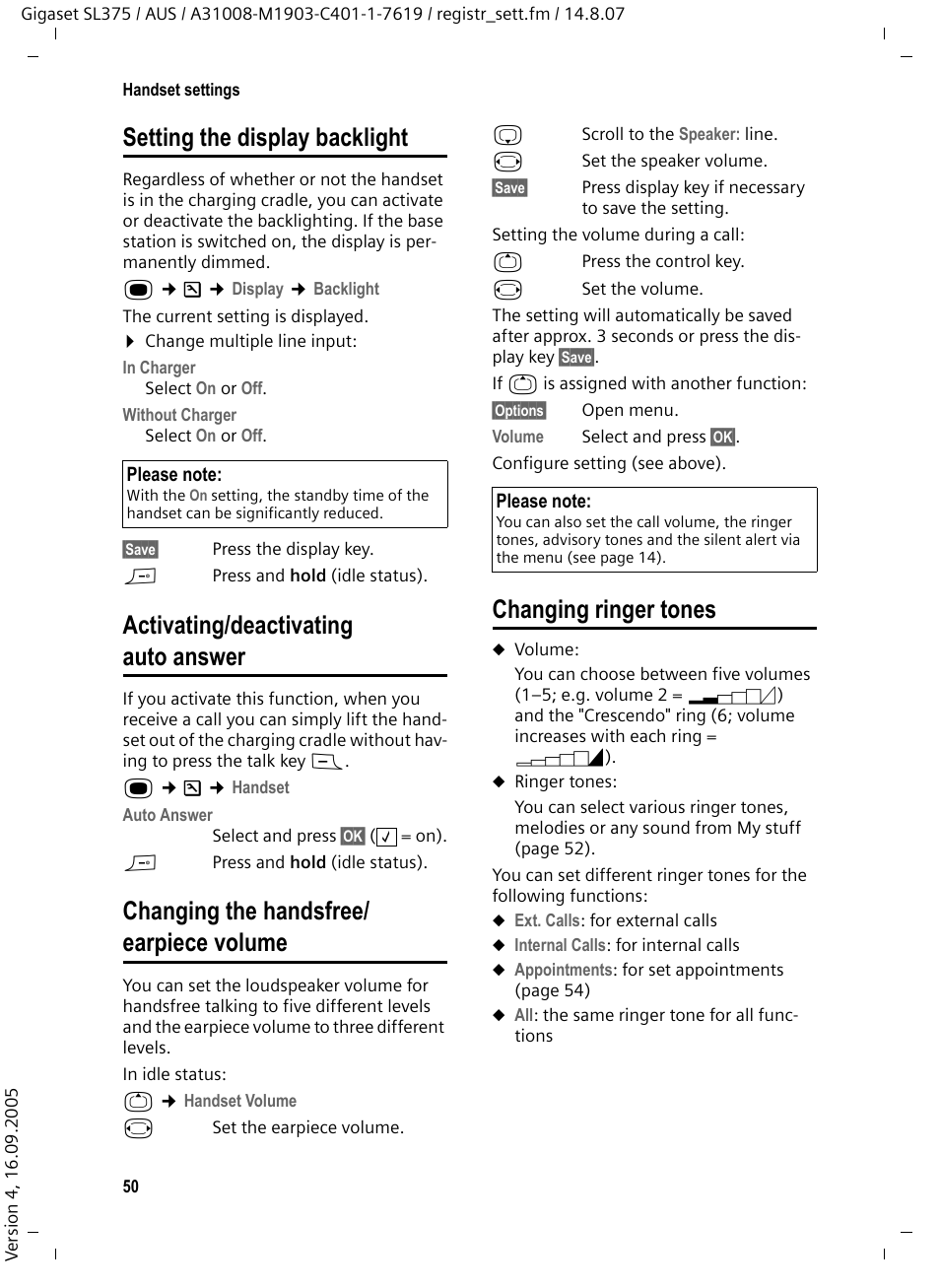 Setting the display backlight, Activating/deactivating auto answer, Changing the handsfree/ earpiece volume | Changing ringer tones | Siemens SL370 User Manual | Page 51 / 76