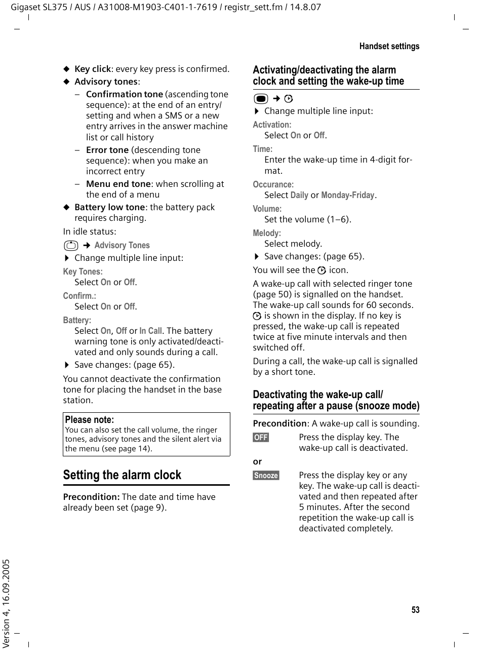 Setting the alarm clock, K (see | Siemens SL370 User Manual | Page 54 / 76