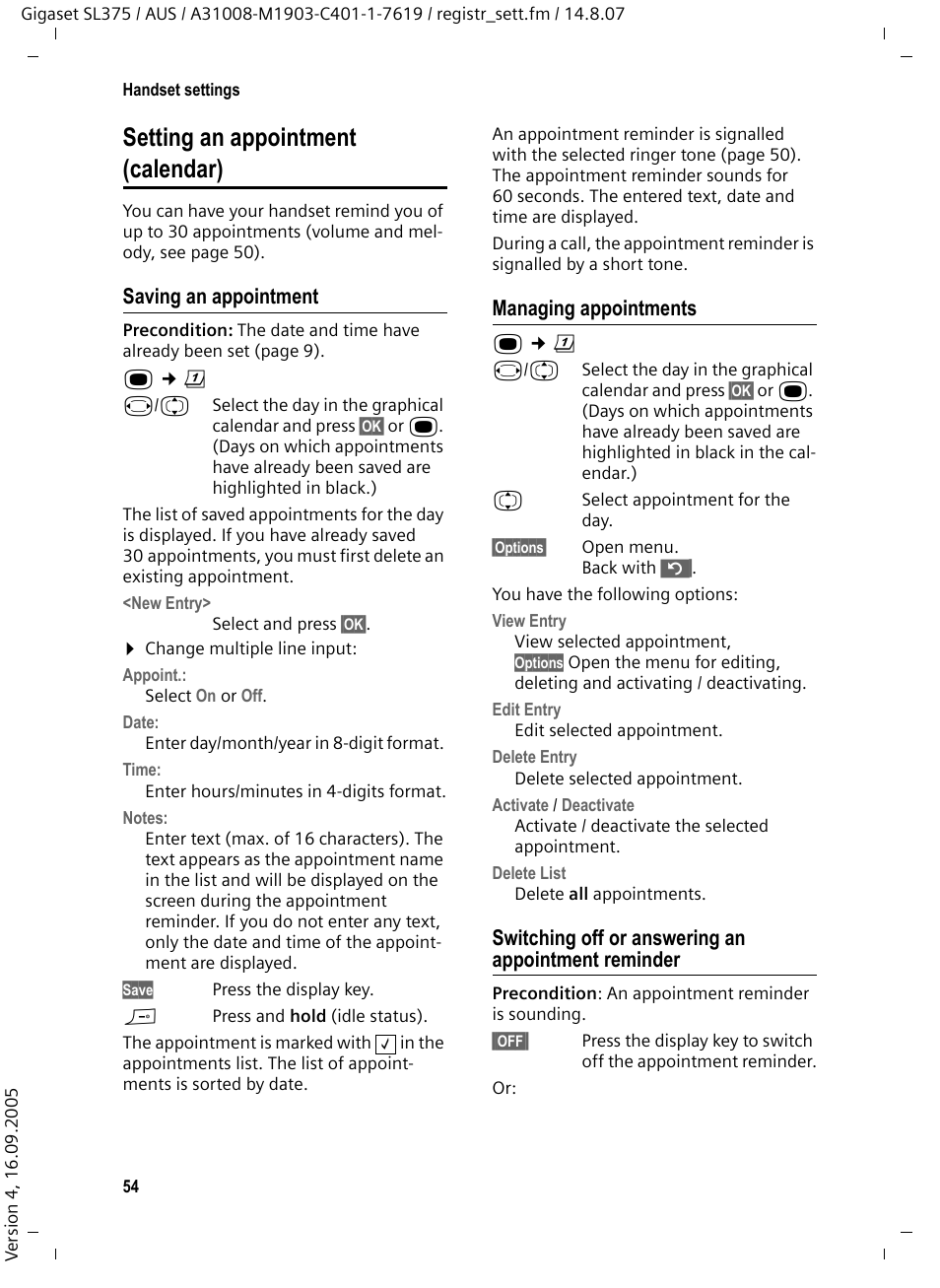 Setting an appointment (calendar), Saving an appointment, Managing appointments | Switching off or answering an appointment reminder | Siemens SL370 User Manual | Page 55 / 76