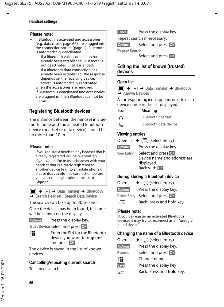 Registering bluetooth devices, Editing the list of known (trusted) devices | Siemens SL370 User Manual | Page 57 / 76