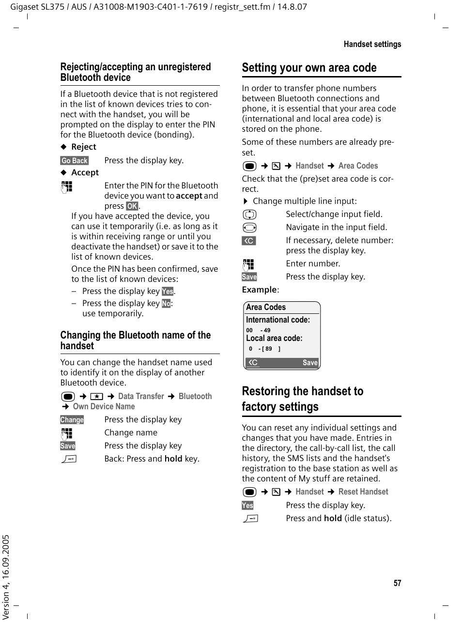 Changing the bluetooth name of the handset, Setting your own area code, Restoring the handset to factory settings | Ed on the phone (see | Siemens SL370 User Manual | Page 58 / 76