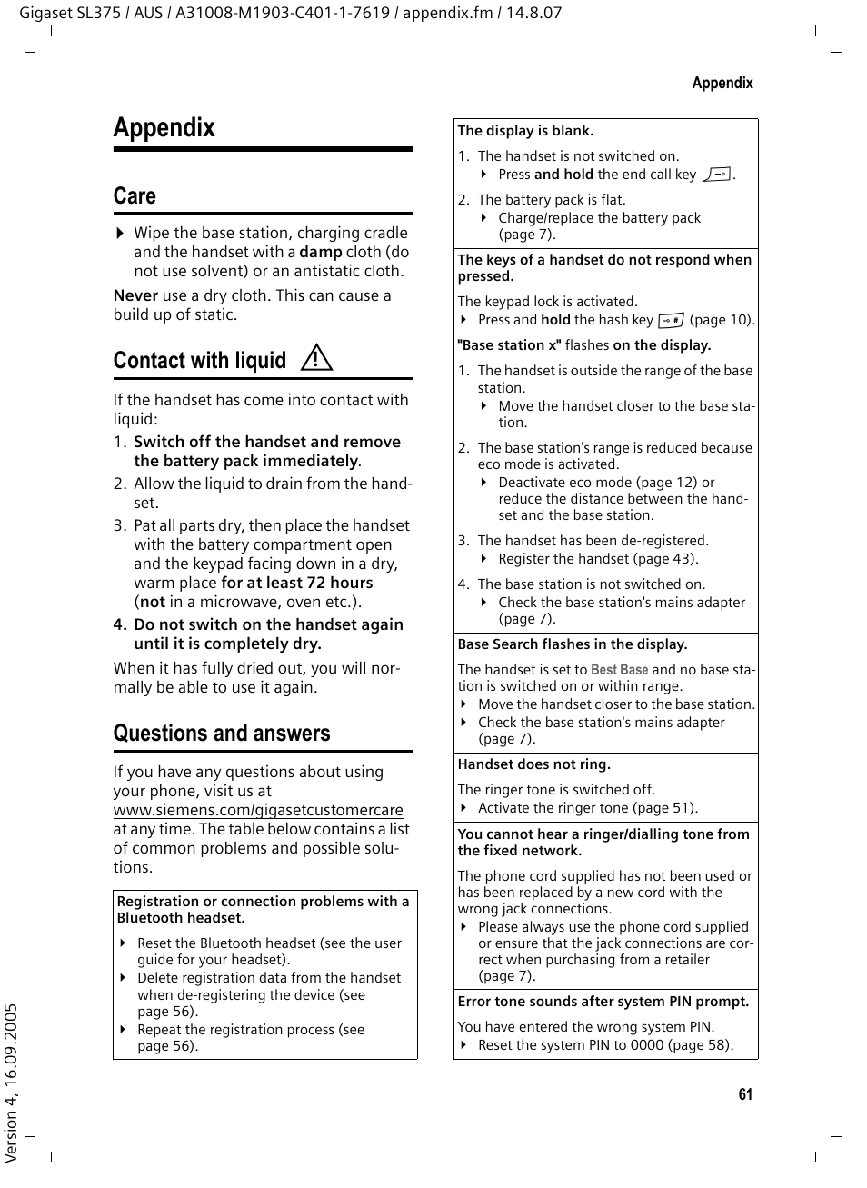 Appendix, Care, Contact with liquid | Questions and answers, Care contact with liquid questions and answers, Ting ("questions and answers | Siemens SL370 User Manual | Page 62 / 76