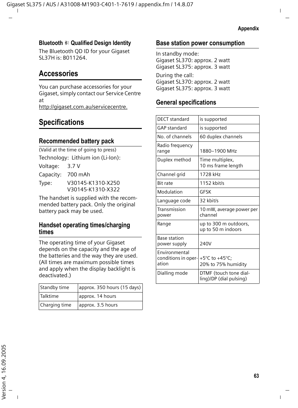 Accessories, Specifications, Recommended battery pack | Handset operating times/charging times, Base station power consumption, General specifications, Accessories specifications | Siemens SL370 User Manual | Page 64 / 76