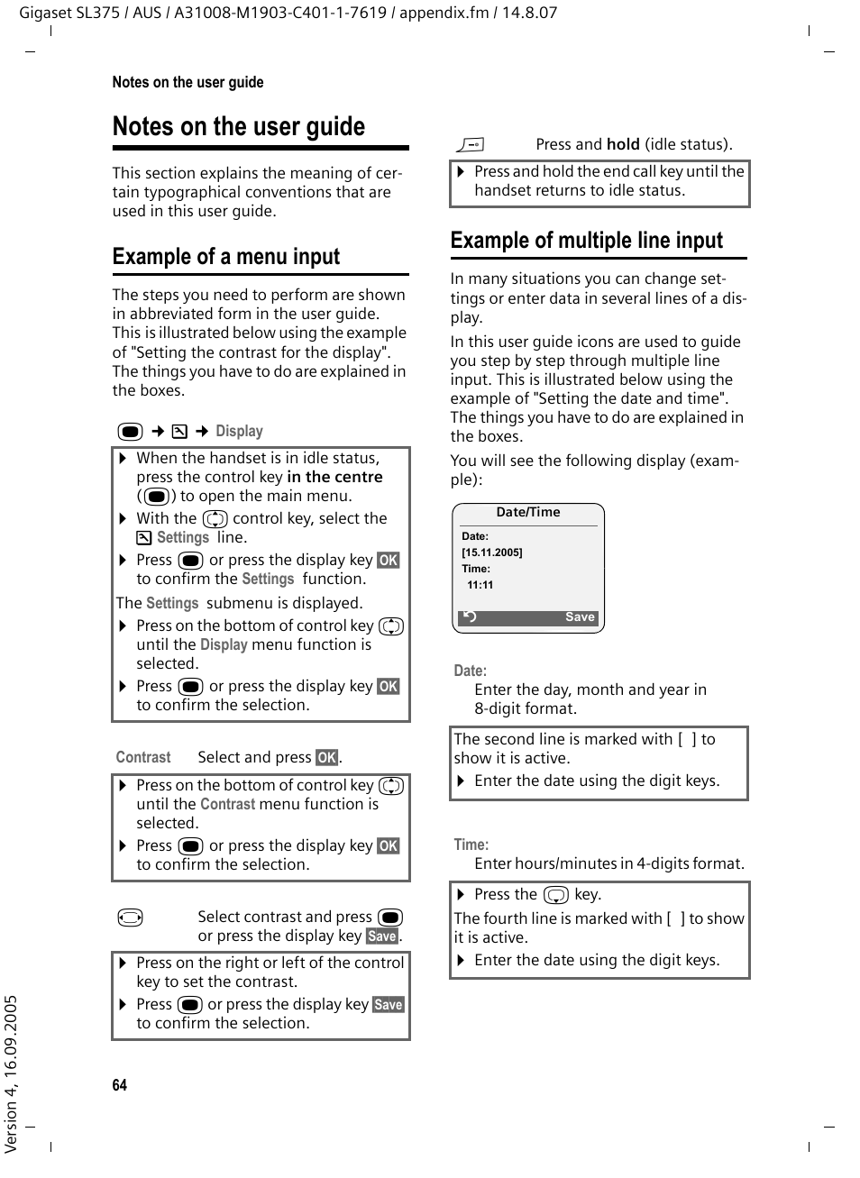 Notes on the user guide, Example of a menu input, Example of multiple line input | Siemens SL370 User Manual | Page 65 / 76