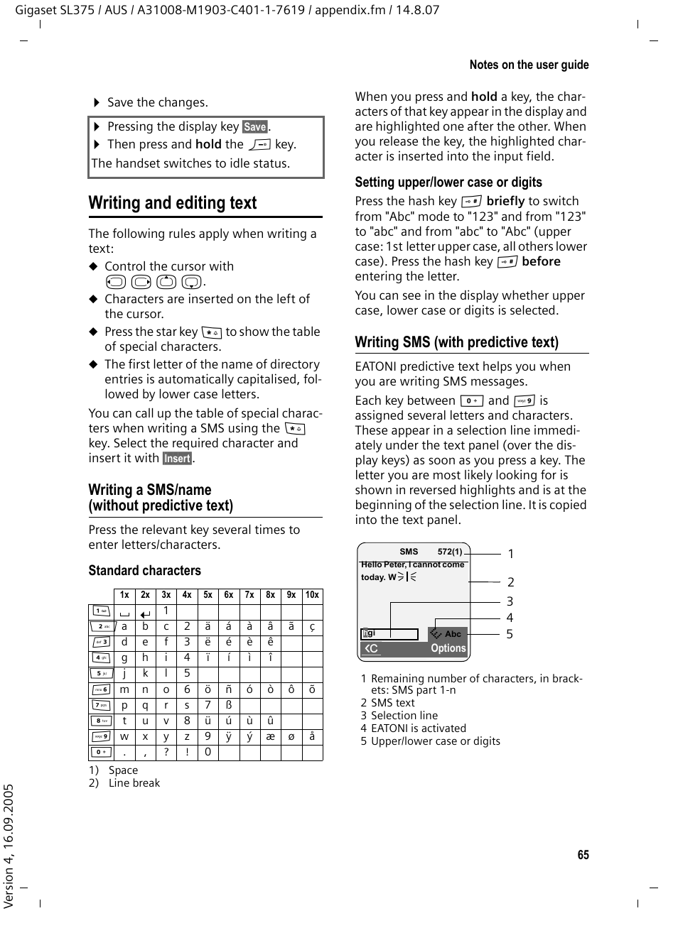 Writing and editing text, Writing a sms/name (without predictive text), Writing sms (with predictive text) | Siemens SL370 User Manual | Page 66 / 76