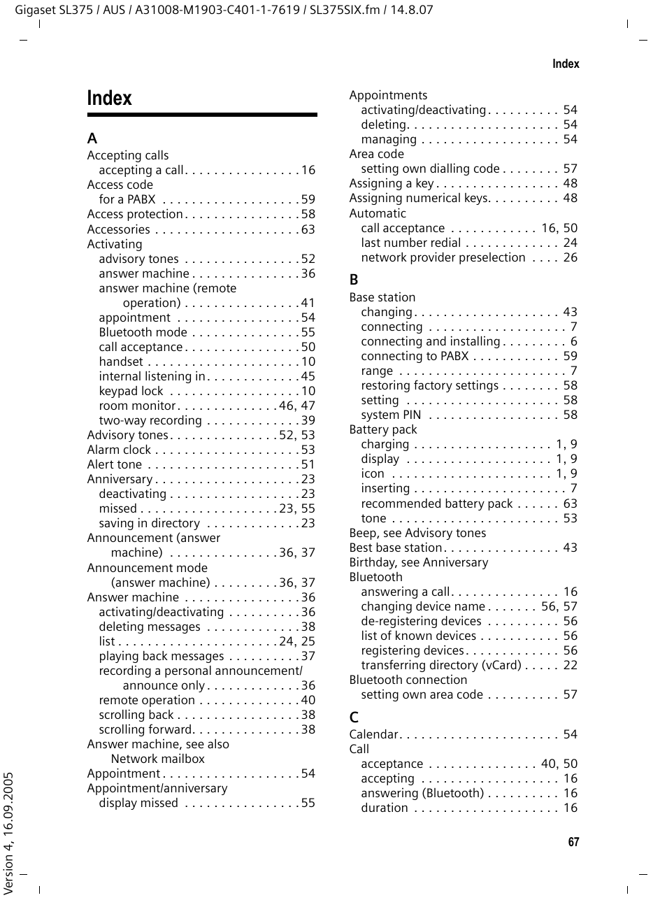 Index | Siemens SL370 User Manual | Page 68 / 76