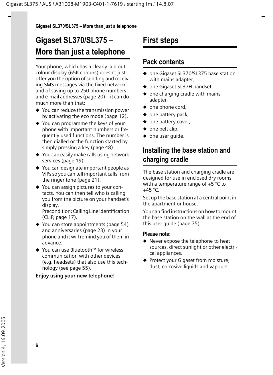 Gigaset sl370/sl375 - more than just a telephone, First steps, Pack contents | Installing the base station and charging cradle | Siemens SL370 User Manual | Page 7 / 76