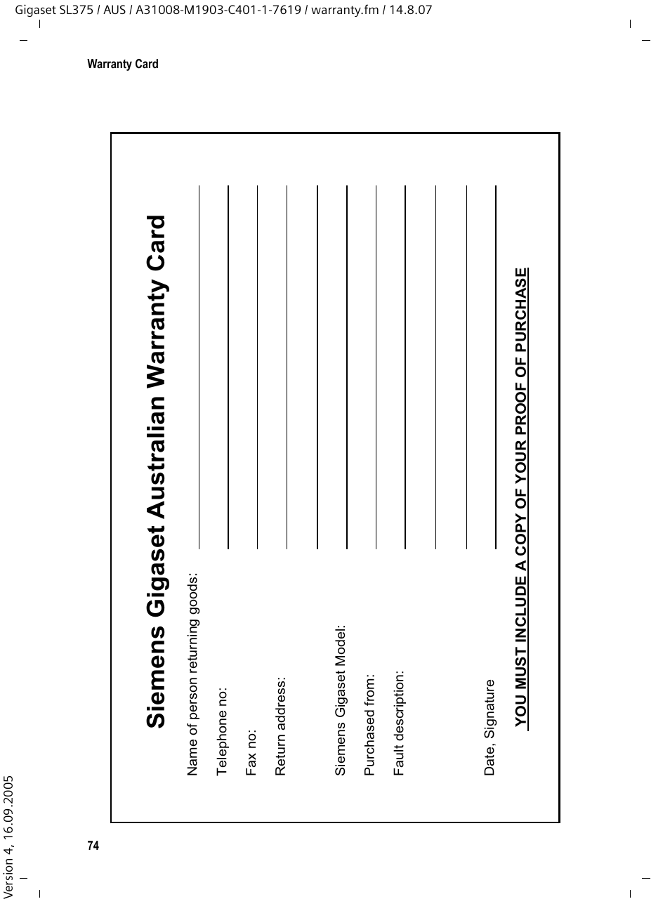 Siemens gigaset australian warranty card | Siemens SL370 User Manual | Page 75 / 76