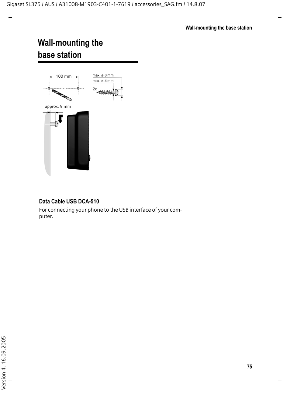 Wall-mounting the base station | Siemens SL370 User Manual | Page 76 / 76