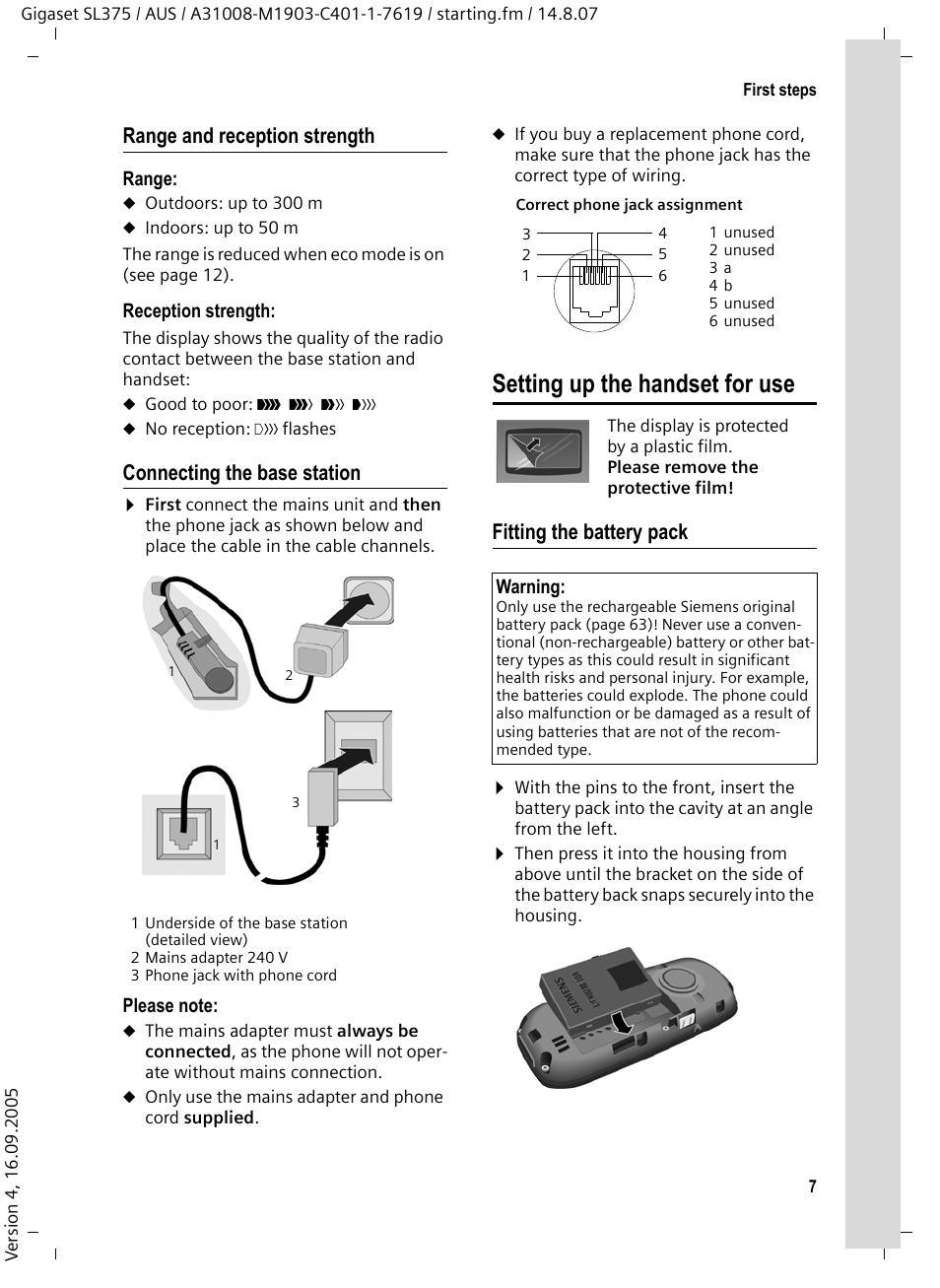 Range and reception strength, Connecting the base station, Setting up the handset for use | Fitting the battery pack | Siemens SL370 User Manual | Page 8 / 76