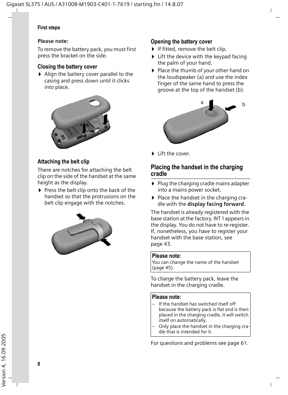 Placing the handset in the charging cradle | Siemens SL370 User Manual | Page 9 / 76