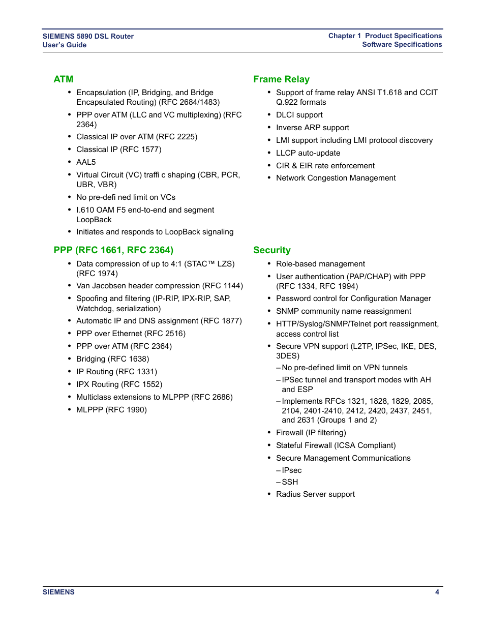 Frame relay, Ppp (rfc 1661, rfc 2364), Security | Atm frame relay ppp (rfc 1661, rfc 2364) security | Siemens 5890 User Manual | Page 10 / 102