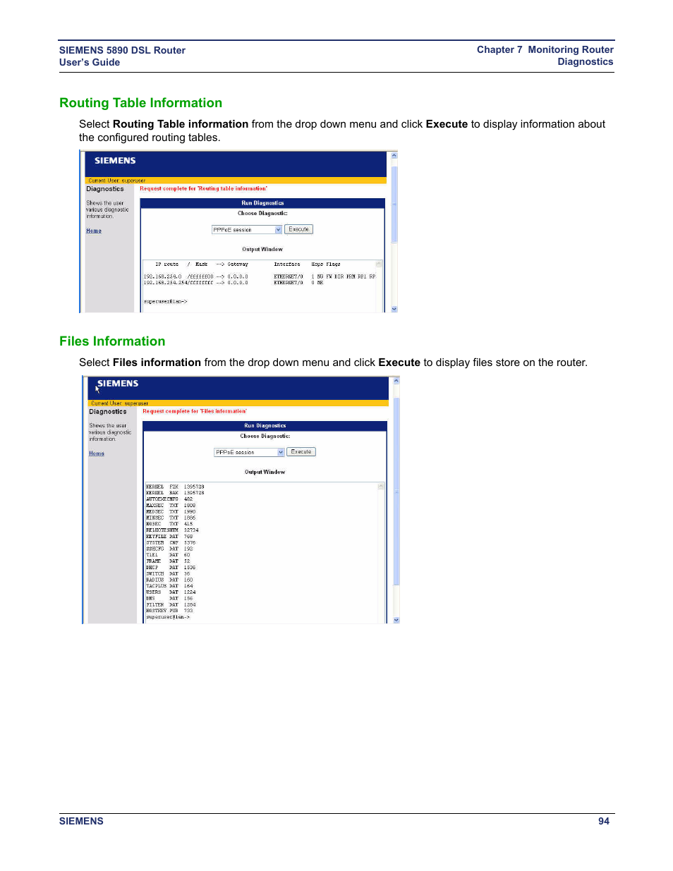 Routing table information, Files information, Routing table information files information | Siemens 5890 User Manual | Page 100 / 102