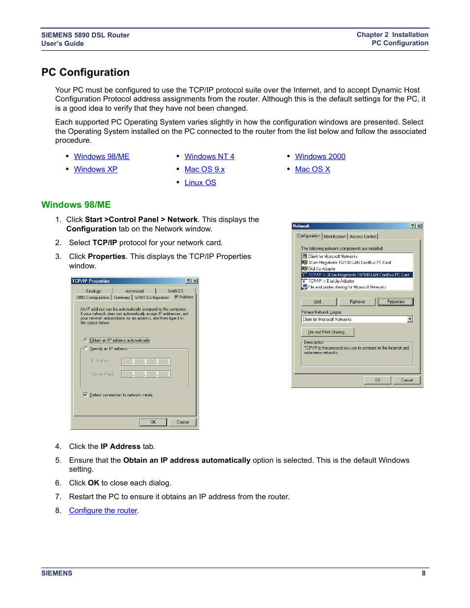 Pc configuration, Windows 98/me, Configuring the pc | Siemens 5890 User Manual | Page 14 / 102