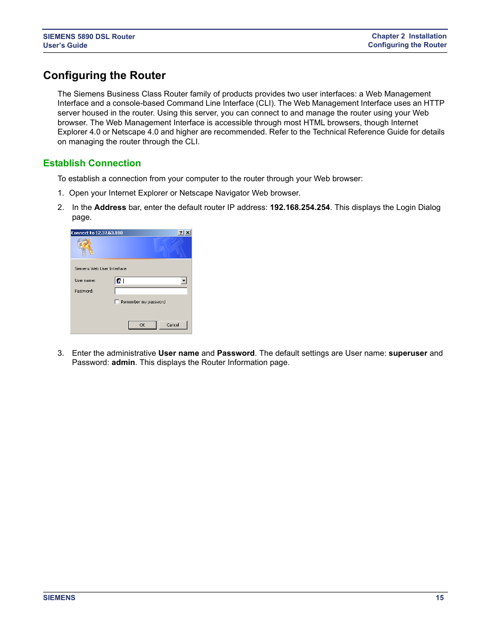 Configuring the router, Establish connection, Configure the router | Siemens 5890 User Manual | Page 21 / 102