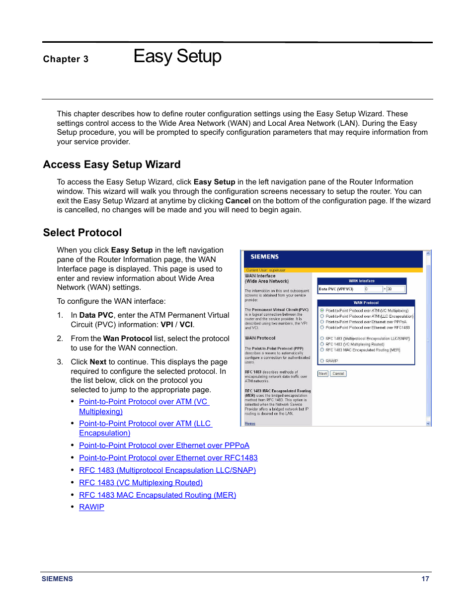 Chapter 3 easy setup, Access easy setup wizard, Select protocol | Access easy setup wizard select protocol, Chapter titled "easy setup, Easy setup | Siemens 5890 User Manual | Page 23 / 102